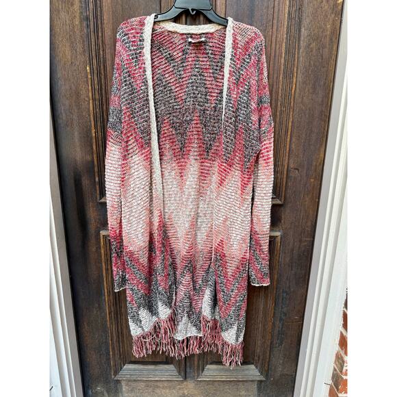 Lucky Brand Multicolor Chevron Fringe Open Front Cardigan Sweater XL - Picture 2 of 5